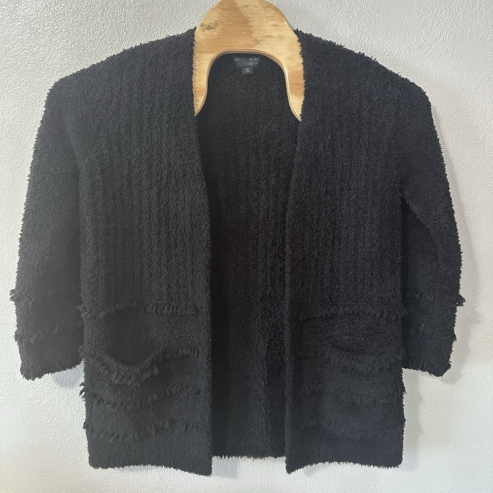 Barefoot Dreams Size XS Black CozyChic Boardwalk Cardigan Sweater Pockets Fringe